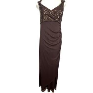 Alex Evenings Womens Brown Formal Sequin Ruched V-Neck Long Dress Maxi sz 16